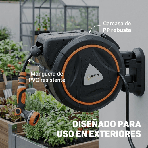 Outsunny Carretel de Mangueira para Jardim 28+2 m com 12 Modos de Pulverização Carretel de Mangueira de Jardim de Parede com Bloqueio Automático e Retracção Controlada Suporte Orientável 180° Laranja