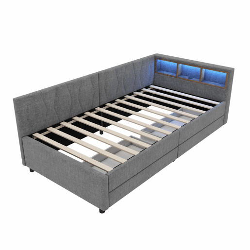 Cama de dia 90x200 cm - Sofá-cama, com arrumação, USB+Tipo C, luz LED com comando, 2 gavetas, com estrado - Cinza