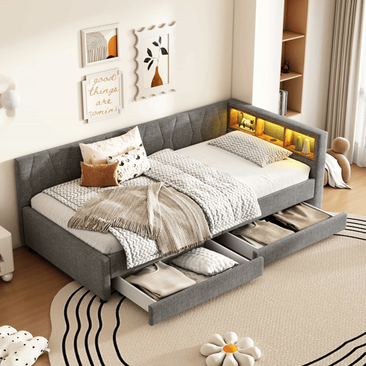 Cama de dia 90x200 cm - Sofá-cama, com arrumação, USB+Tipo C, luz LED com comando, 2 gavetas, com estrado - Cinza