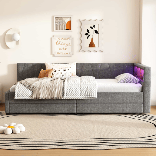 Cama de dia 90x200 cm - Sofá-cama, com arrumação, USB+Tipo C, luz LED com comando, 2 gavetas, com estrado - Cinza