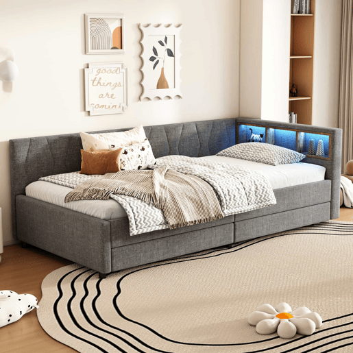 Cama de dia 90x200 cm - Sofá-cama, com arrumação, USB+Tipo C, luz LED com comando, 2 gavetas, com estrado - Cinza