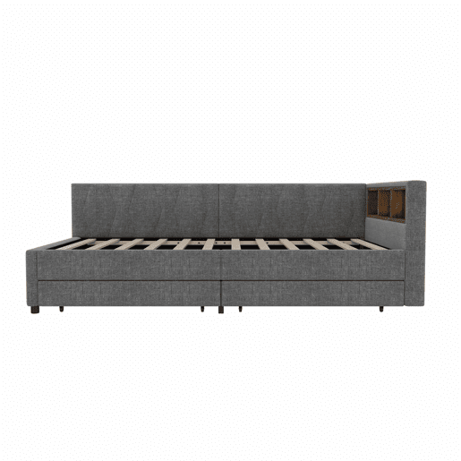 Cama de dia 90x200 cm - Sofá-cama, com arrumação, USB+Tipo C, luz LED com comando, 2 gavetas, com estrado - Cinza