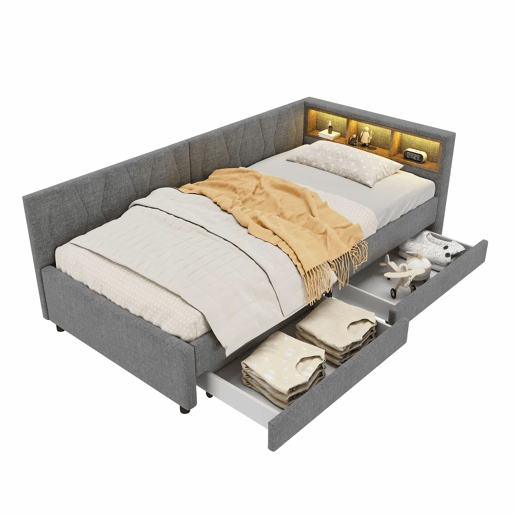 Cama de dia 90x200 cm - Sofá-cama, com arrumação, USB+Tipo C, luz LED com comando, 2 gavetas, com estrado - Cinza