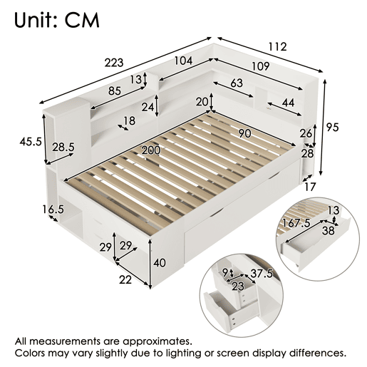 Cama extra 90x200 cm - LED, USB Tipo-C, armazenamento - branca Cama extra 90x200 cm - LED, USB Tipo-C, armazenamento - branca