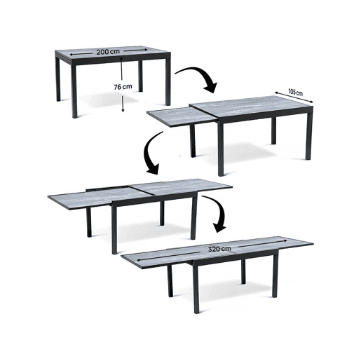 Mesa de jardim extensível em alumínio > - 200320 x 105 x 76 cm - Cinzento Mesa de jardim extensível em alumínio > - 200320 x 105 x 76 cm - Cinzento