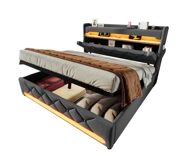 Cama de matrimonio de lino 140x190 cm con almacenaje y luz led,gris
