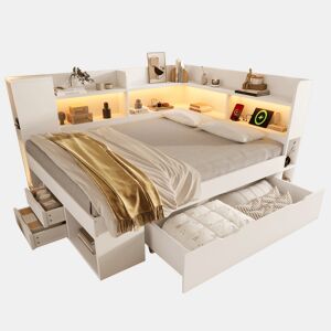 Cama de casal de madeira maciça 140x200 cm com luz led,branco
