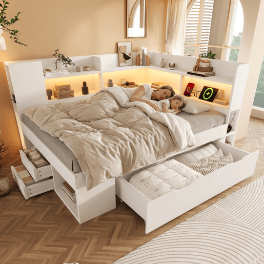 Cama de casal de madeira maciça 140x200 cm com luz led,branco