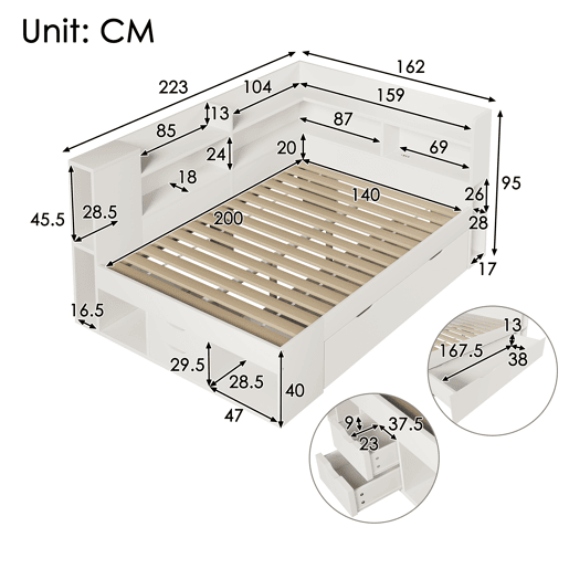 Cama de casal de madeira maciça 140x200 cm com luz led,branco
