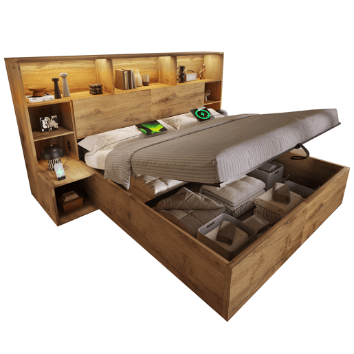 Cama de casal de madeira maciça 180x200 cm com armazenamento e luz led,natural Cama de casal de madeira maciça 180x200 cm com armazenamento e luz led,natural
