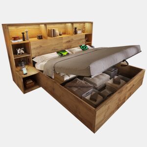 Cama de casal de madeira maciça 180x200 cm com armazenamento e luz led,natural