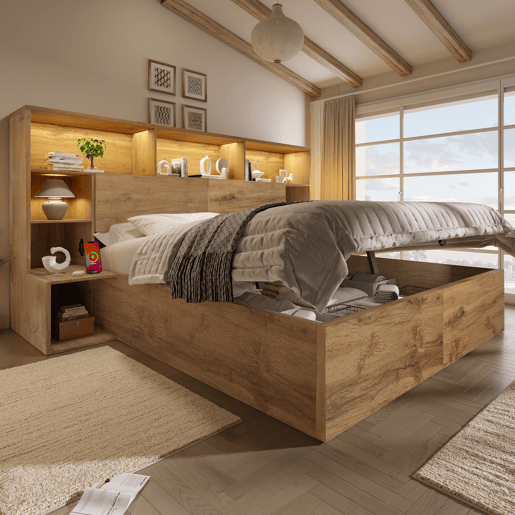 Cama de casal de madeira maciça 180x200 cm com armazenamento e luz led,natural Cama de casal de madeira maciça 180x200 cm com armazenamento e luz led,natural