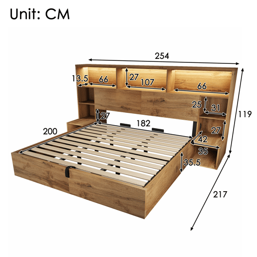 Cama de casal de madeira maciça 180x200 cm com armazenamento e luz led,natural Cama de casal de madeira maciça 180x200 cm com armazenamento e luz led,natural