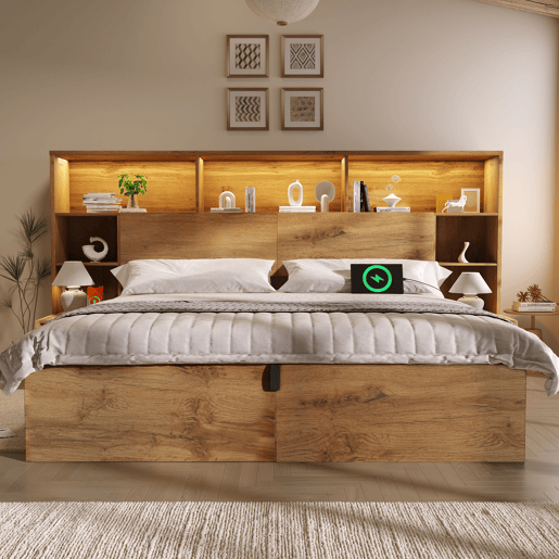 Cama de casal de madeira maciça 180x200 cm com armazenamento e luz led,natural Cama de casal de madeira maciça 180x200 cm com armazenamento e luz led,natural