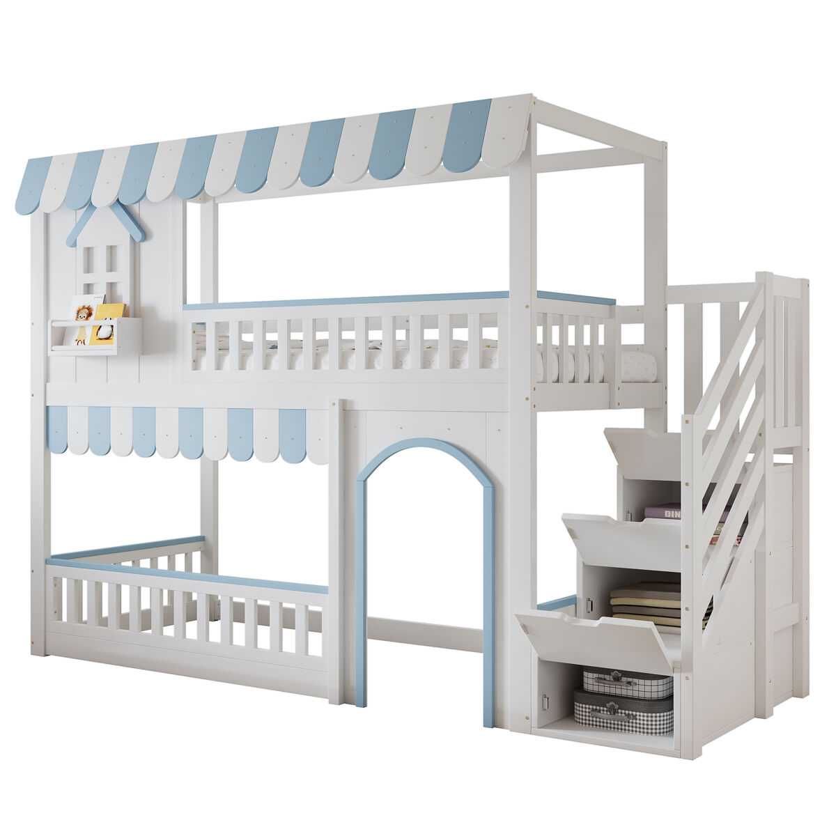Litera infantil de madera maciza 90x200 cm,blanco+azul