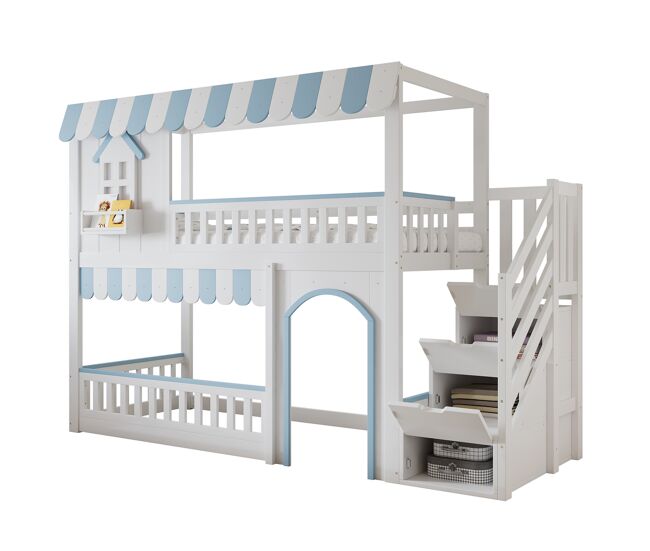 Litera infantil de madera maciza 90x200 cm,blanco+azul