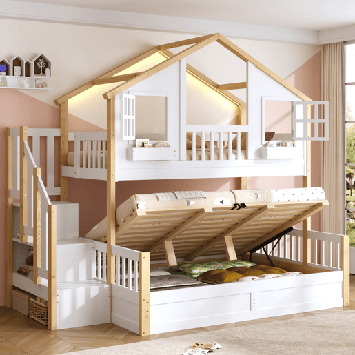 Beliche de madeira de pinho 140x200(90x200) cm com luz led,branco+natural Beliche de madeira de pinho 140x200(90x200) cm com luz led,branco+natural