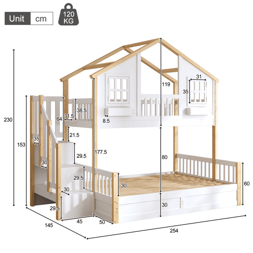 Beliche de madeira de pinho 140x200(90x200) cm com luz led,branco+natural Beliche de madeira de pinho 140x200(90x200) cm com luz led,branco+natural