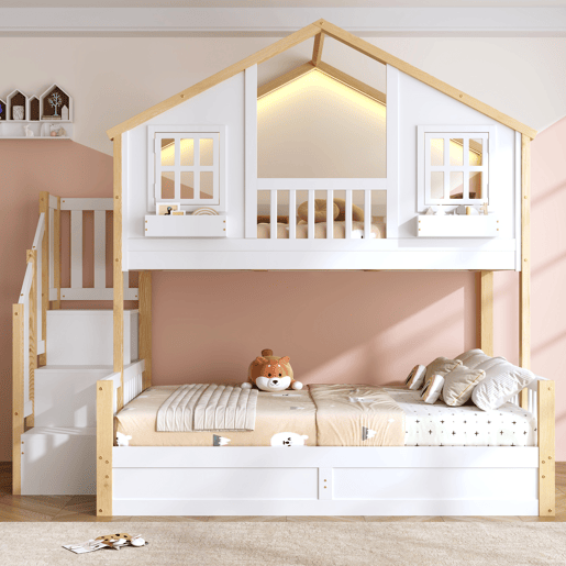 Beliche de madeira de pinho 140x200(90x200) cm com luz led,branco+natural Beliche de madeira de pinho 140x200(90x200) cm com luz led,branco+natural