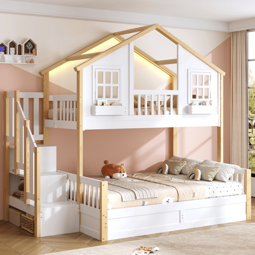 Beliche de madeira de pinho 140x200(90x200) cm com luz led,branco+natural Beliche de madeira de pinho 140x200(90x200) cm com luz led,branco+natural