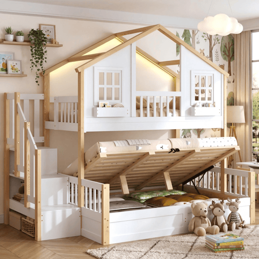 Beliche de madeira de pinho 140x200(90x200) cm com luz led,branco+natural Beliche de madeira de pinho 140x200(90x200) cm com luz led,branco+natural