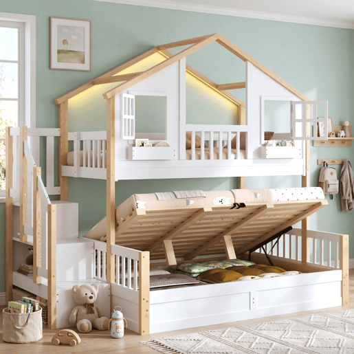 Beliche de madeira de pinho 140x200(90x200) cm com luz led,branco+natural Beliche de madeira de pinho 140x200(90x200) cm com luz led,branco+natural