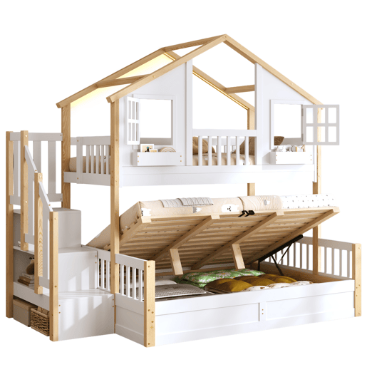 Beliche de madeira de pinho 140x200(90x200) cm com luz led,branco+natural Beliche de madeira de pinho 140x200(90x200) cm com luz led,branco+natural