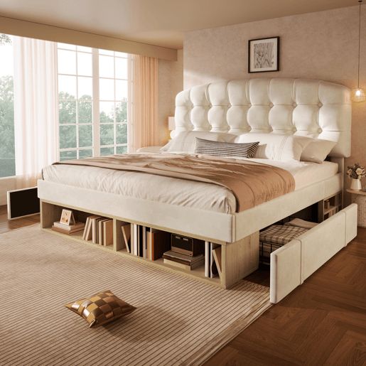 Cama de casal de veludo 140x200 cm,bege