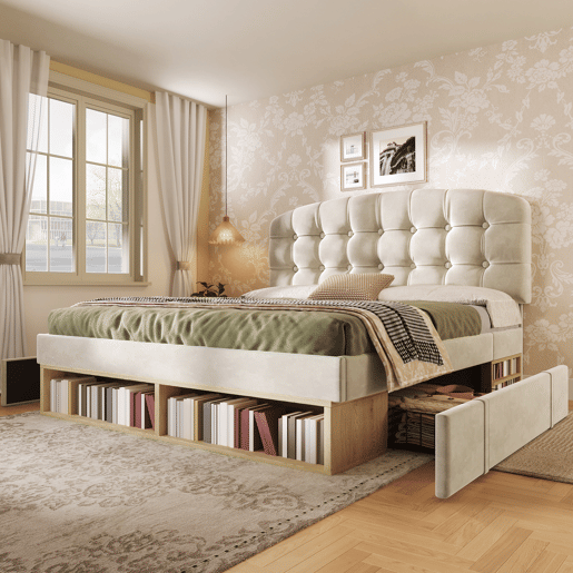 Cama de casal de veludo 140x200 cm,bege