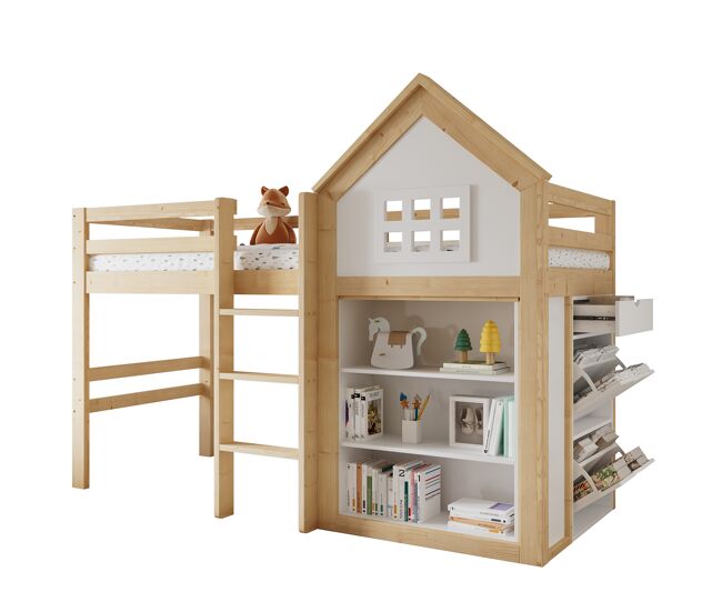 Litera infantil de madera maciza 90x200 cm,blanco+natural