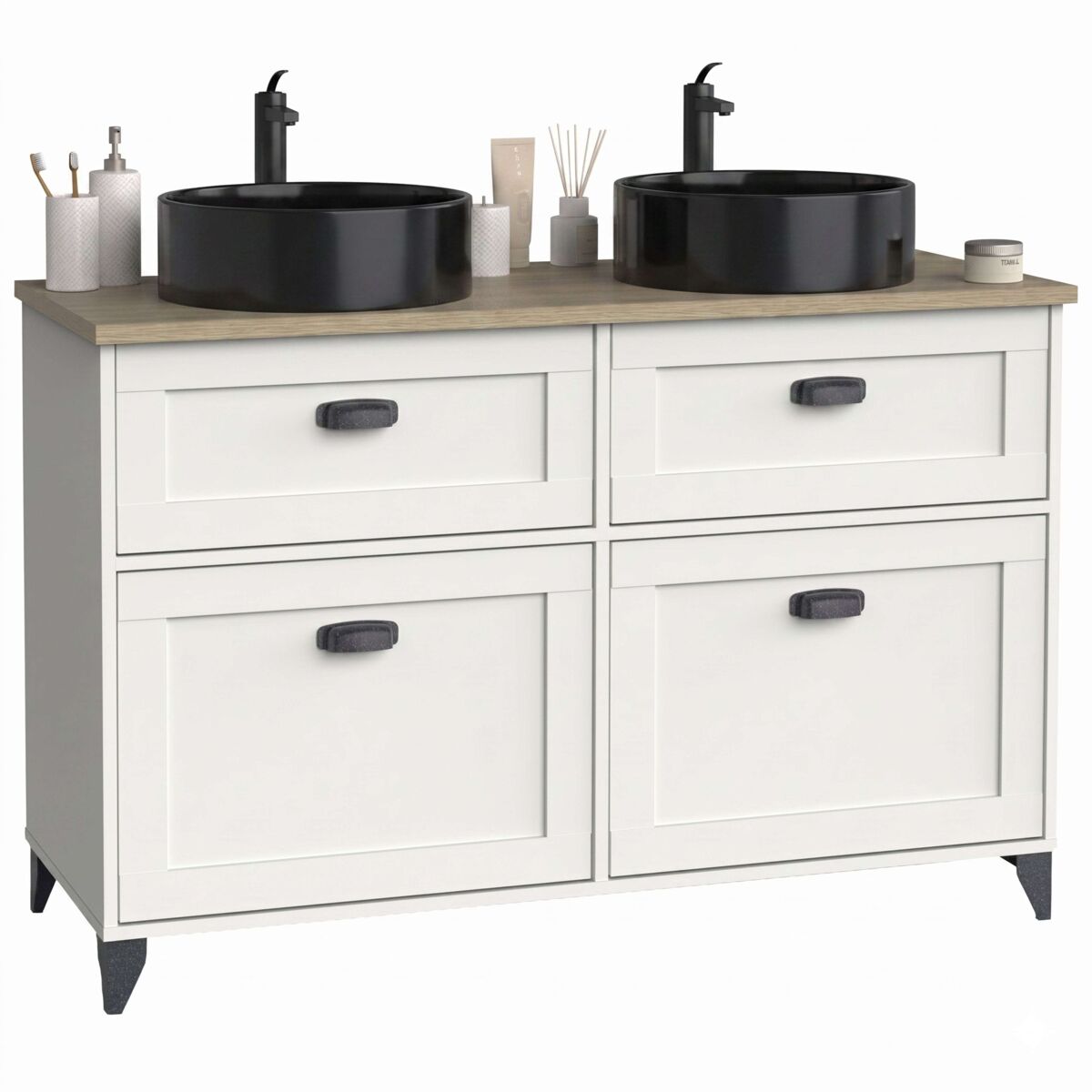 Mueble de baño 120 cm doble toscana 2 cajones y 2 puertas blanco y roble cambrian (con lavabos cerámicos)