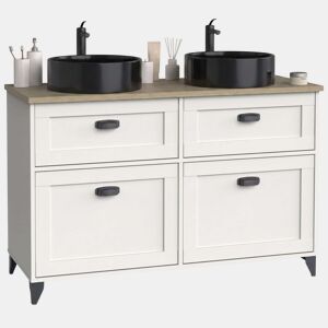 Armário de banheiro duplo Toscana de 120 cm com 2 gavetas e 2 portas, nas cores branco e carvalho Cambriano (com pias de cerâmica).