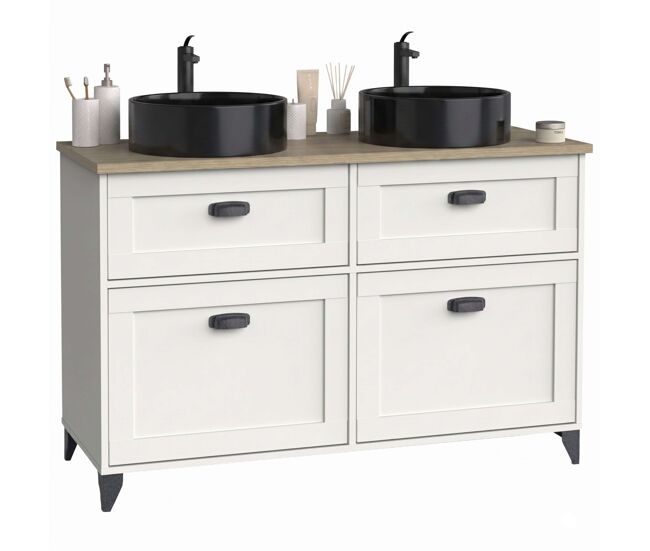 Mueble de baño 120 cm doble toscana 2 cajones y 2 puertas blanco y roble cambrian (con lavabos cerámicos)