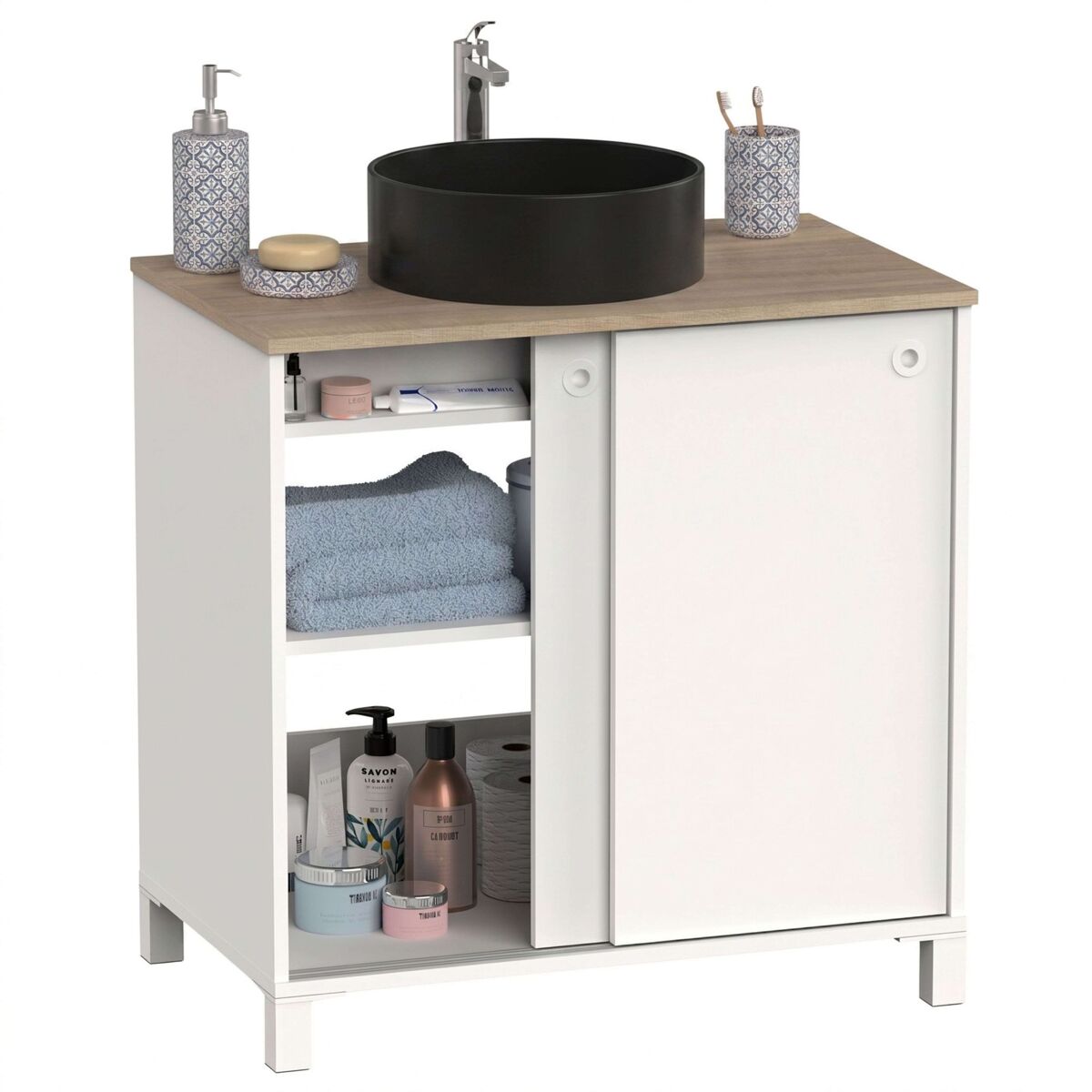 Mueble de baño sella 2 puertas correderas y patas blanco y roble cambrian 81x94x50 cm (con lavabo cerámico)