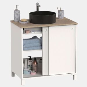 Armário de banheiro Sella com 2 portas de correr e pés, branco e carvalho cambriano, 81x94x50 cm (com pia de cerâmica)