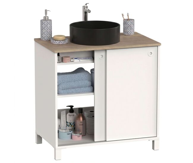 Mueble de baño sella 2 puertas correderas y patas blanco y roble cambrian 81x94x50 cm (con lavabo cerámico)