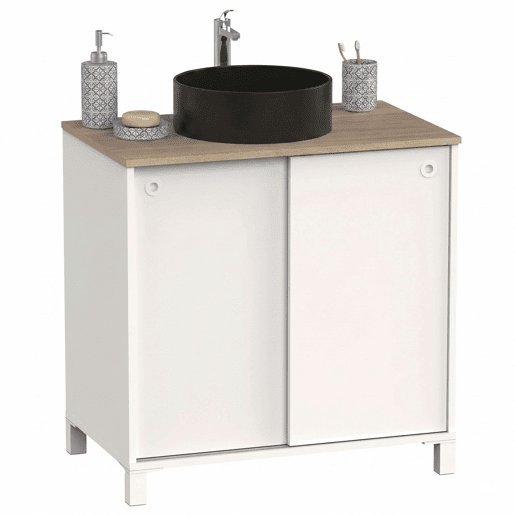 Armário de banheiro Sella com 2 portas de correr e pés, branco e carvalho cambriano, 81x94x50 cm (com pia de cerâmica)