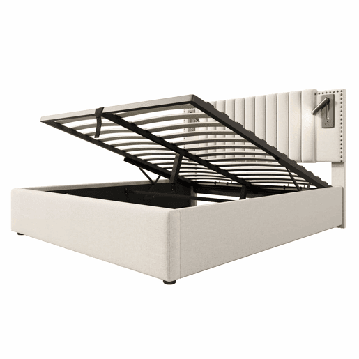 Cama estofada 180x200 - de casal com arrumação, cabeceira com luz de leitura e porta USB, encosto com design de rebites, base e baú - bege
