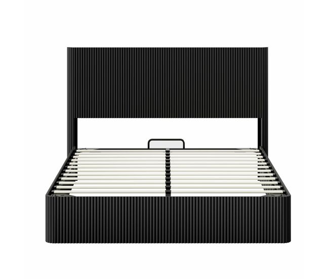 Cama moderna 160x200 cm - sistema de elevación hidráulico, gran almacenamiento, listones de madera maciza, superficie fácil de limpiar - negro