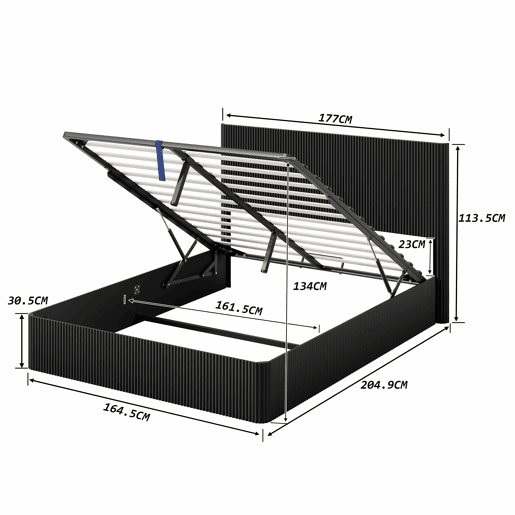 Cama moderna 160x200 cm - Sistema de elevação hidráulico, amplo espaço de arrumação, ripas de madeira maciça, superfície fácil de limpar - Preto