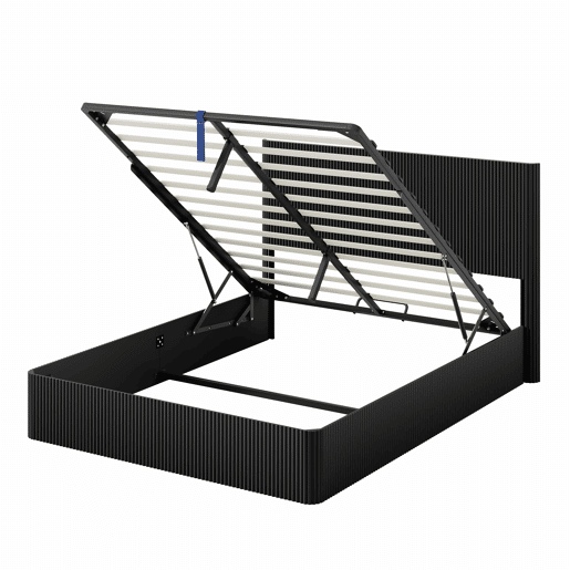 Cama moderna 160x200 cm - Sistema de elevação hidráulico, amplo espaço de arrumação, ripas de madeira maciça, superfície fácil de limpar - Preto
