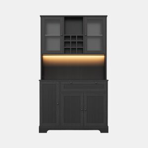 Armário alto de cozinha 180x105x40 cm - Vitrine com prateleiras ajustáveis, LED, tomada - Preto