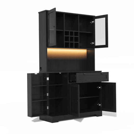 Armário alto de cozinha 180x105x40 cm - Vitrine com prateleiras ajustáveis, LED, tomada - Preto