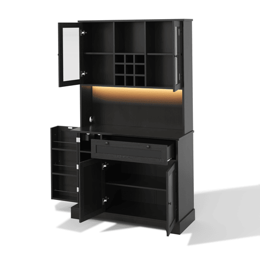 Armário alto de cozinha 180x105x40 cm - Vitrine com prateleiras ajustáveis, LED, tomada - Preto