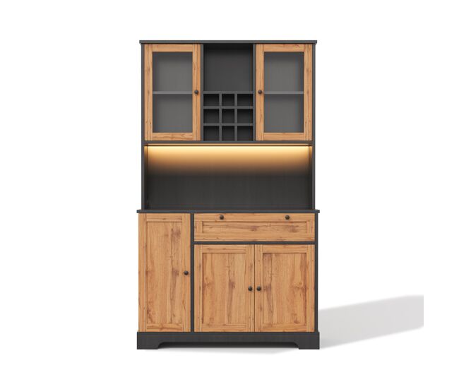 Armario alto de cocina 180x105x40 cm - estante ajustable, led multicolor, enchufe - negro/natural