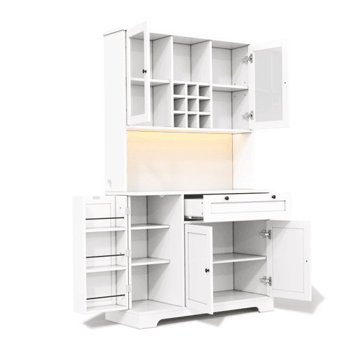Armário alto de cozinha 180x105x40 cm - com prateleira para especiarias, LED e tomada - Branco
