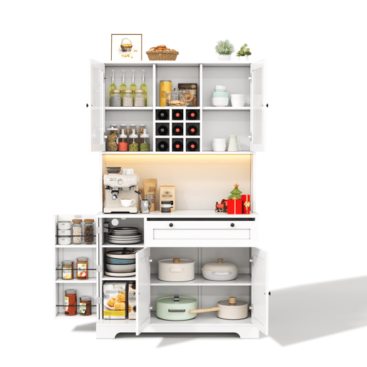 Armário alto de cozinha 180x105x40 cm - com prateleira para especiarias, LED e tomada - Branco