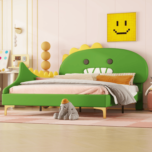 Cama infantil 140x200cm - Forma de dinossauro, cama plana, material PU - Verde