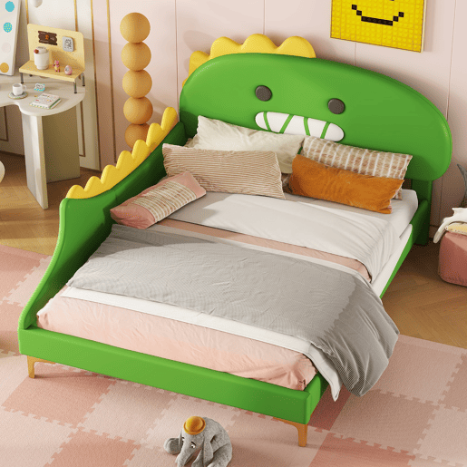 Cama infantil 140x200cm - Forma de dinossauro, cama plana, material PU - Verde