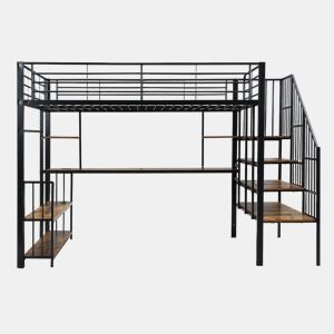 Cama loft 120x200cm - Escada lateral com corrimão, porta de carga, cabides, prateleira, proteção contra tombamento - Preto + Nogueira Escura
